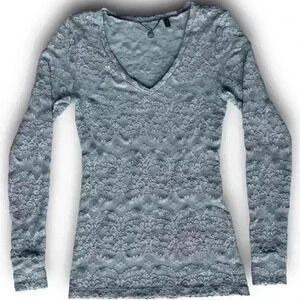 Lace Long‎ Sleeve Top Nude Sparkle Sheer Overlay Blouse Floral Glitter V-Neck S